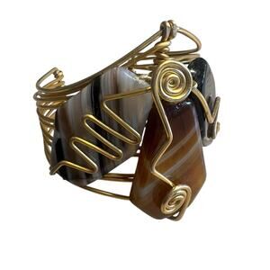 Handmade Wrapped Natural Stone Copper Wire Cuff Bracelet Bangle Agate